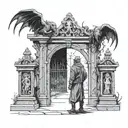  man wearing ancient clothes looking at the gate of a cemetery with demon ghosts representing human emotions, joy, sadne tattoo design idea