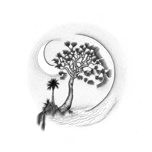palmetto tree with crescent moon in top left corner with 803 going down vertically inside the tree tattoo design idea