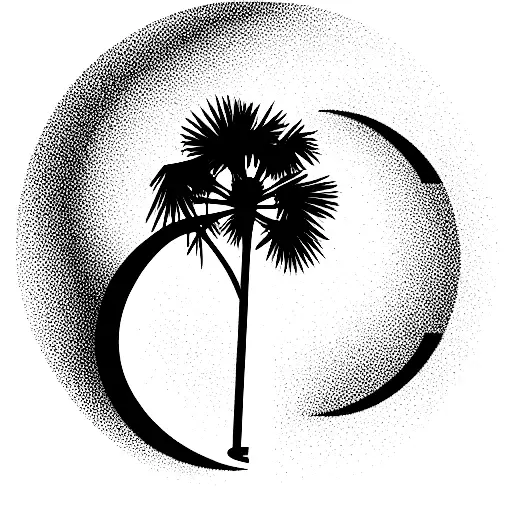 palmetto tree with crescent moon in top left corner with 803 going down vertically inside the tree tattoo design idea