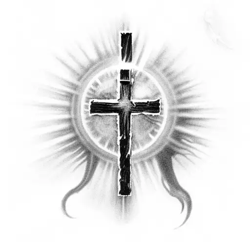 A surreal depiction of a cross emerging from the depths of a dark and mysterious ocean with the face of Mary in the background tattoo design idea