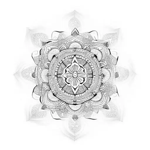 An intricate mandala design with a central cross and the face of Mary as the background tattoo design idea