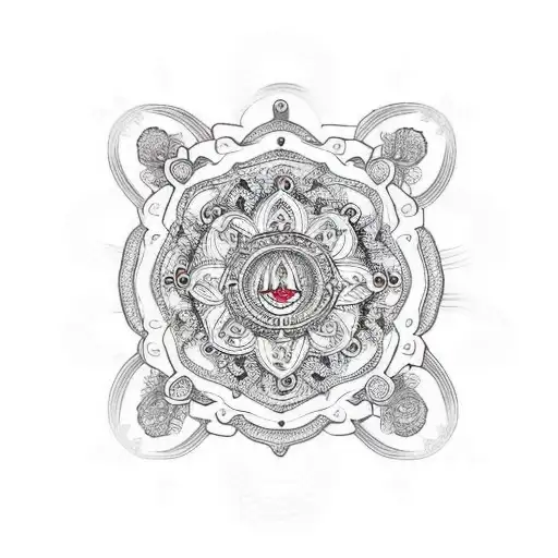 An intricate mandala design with a central cross and the face of Mary as the background tattoo design idea