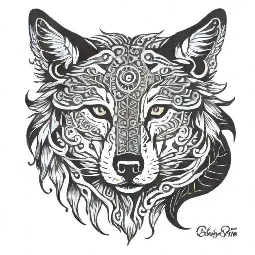 Mystical Wolf Spirit "A wolf with eyes glowing like the moon, its fur adorned with tribal patterns and feathers, standin tattoo design idea