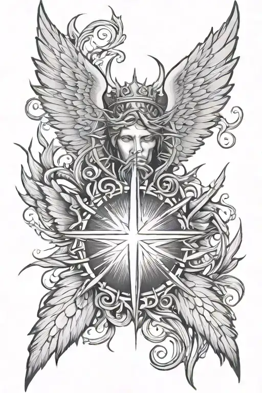 Christian angel wings and crown of thorns and sun rays   tattoo design idea