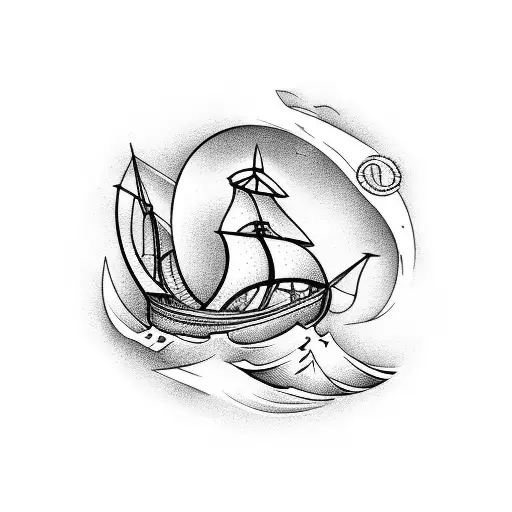Paper ship with waves and anchor tattoo design idea