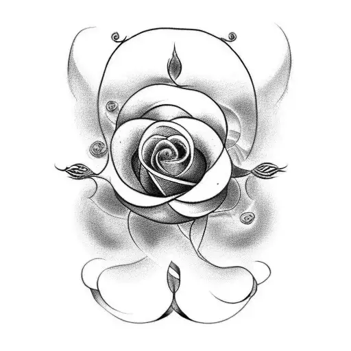 A tattoo design incorporating a rose, an infinite sign, and an ear of wheat intertwined together tattoo design idea