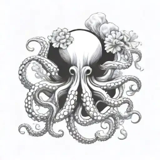 octopus and jellyfish intertwined black and white tattoo design idea