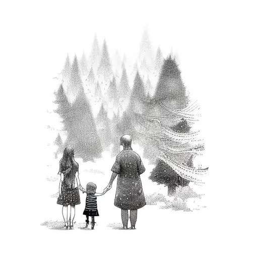 A whimsical scene of a child holding hands with their parents, surrounded by a magical forest tattoo design idea