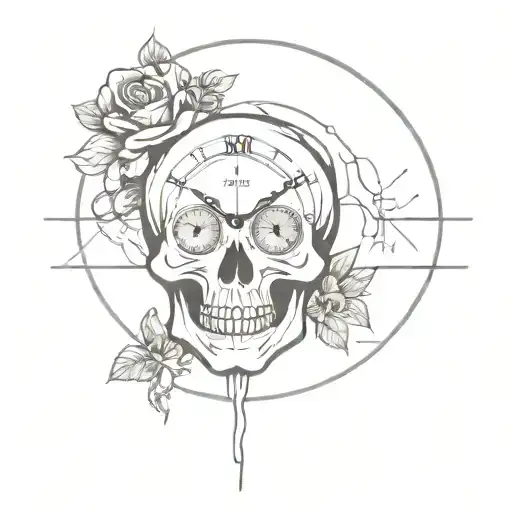 A minimalist design of a skull with a clock inside, symbolizing memento mori and the passage of time tattoo design idea