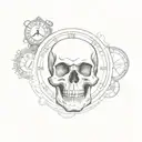 A minimalist design of a skull with a clock inside, symbolizing memento mori and the passage of time tattoo design idea