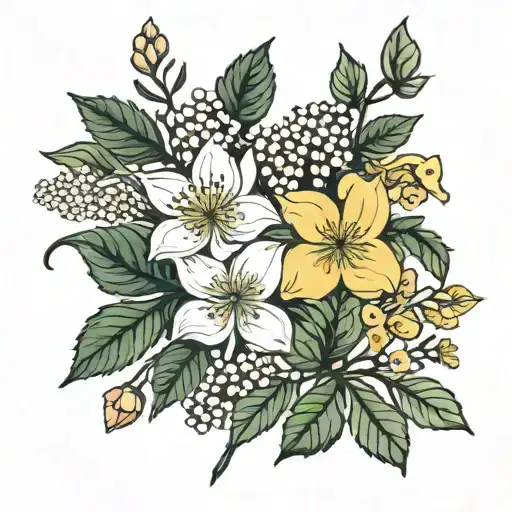 a flower band included this seven flowers: Clematis, Rumex, Larch, Buttercup, Spirea, Carolina Allspice, Tiger flower  tattoo design idea