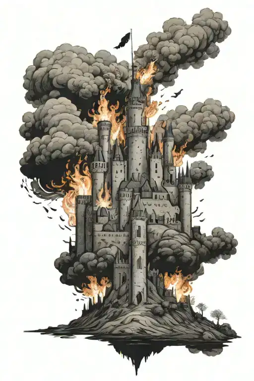 castle under siege on fire with knights in foreground and  tattoo design idea