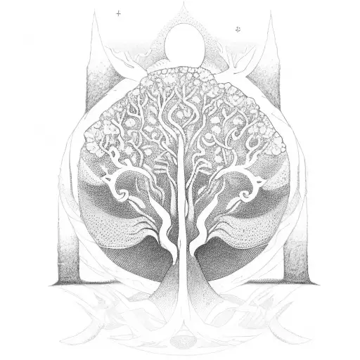 Imagine un mélange d'Yggdrasil (l'Arbre de Vie nordique) entrelacé avec des runes anciennes le long des branches, symbol tattoo design idea