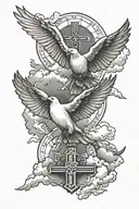 Dove Flying Clouds Three crosses Jesus hands open  tattoo design idea