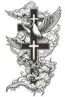Dove Flying Clouds Three crosses Jesus hands open  tattoo design idea