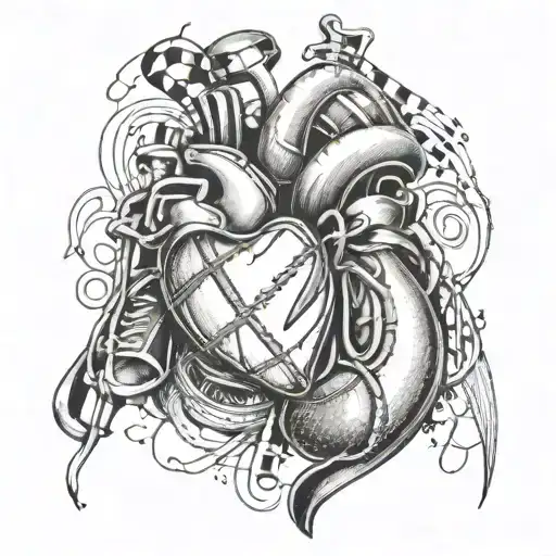 A tattoo design featuring a heart made out of football laces, with a background of musical notes and instruments, representing the client's love for both sports and music tattoo design idea
