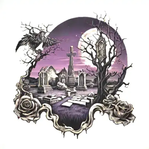 graveyard dark purple sky full tattoo design idea