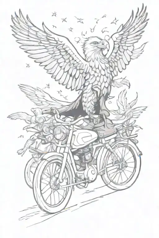 A surrealistic scene of an eagle leading a parade of bikes through a party atmosphere, capturing the client's diverse interests tattoo design idea