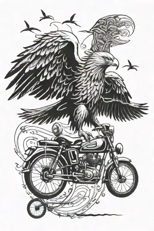 A surrealistic scene of an eagle leading a parade of bikes through a party atmosphere, capturing the client's diverse interests tattoo design idea