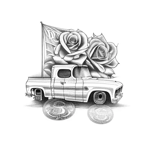 lowrider truck with money roses and a banner saying shawn tattoo design idea