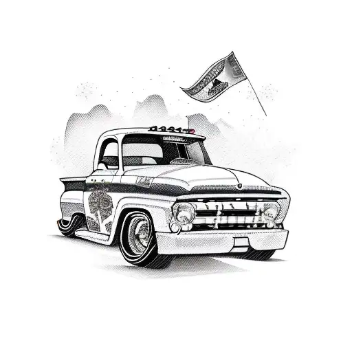 lowrider truck with money roses and a banner saying shawn tattoo design idea