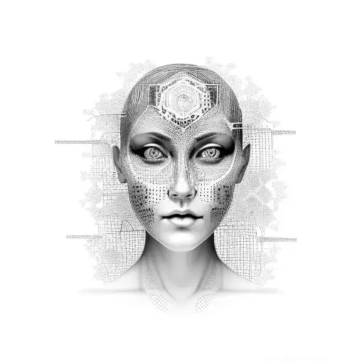 A black and grey tattoo of a woman's face with intricate patterns representing stock market charts and graphs tattoo design idea