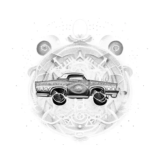 A dotwork tattoo of a lowrider car surrounded by swirling patterns made of cryptocurrency symbols tattoo design idea