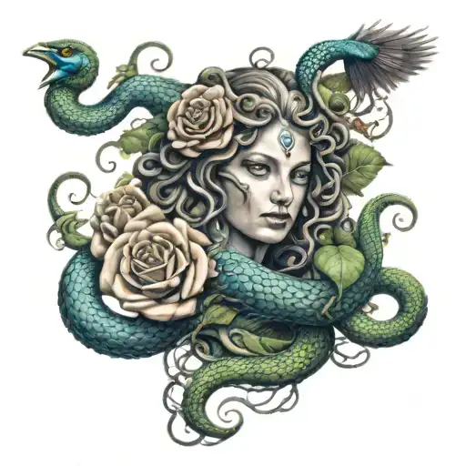 Medusa portrayed with peacock snakes wrapped around roses tattoo design idea