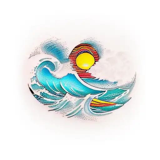 A unique tattoo design featuring a rum bottle and palm tree intertwined with a mesmerizing sunset and waves, capturing the client's love for tropical vibes and surfing. tattoo design idea