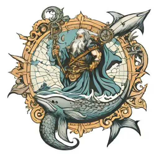 tattoo of Poseidon bowing to a whale with a compass, a maritime map and a turtle family tattoo design idea