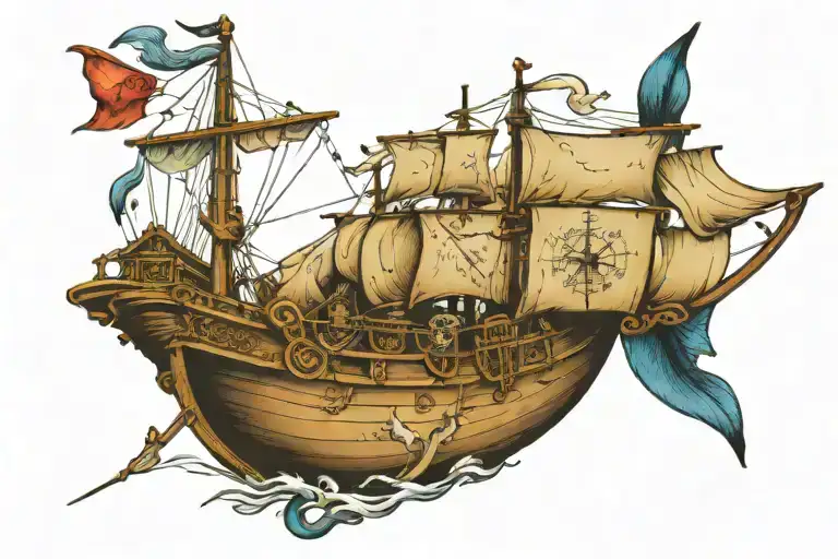 travel, boat, whale, treasure map, love, poseidon tattoo design idea