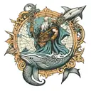 tattoo of Poseidon bowing to a whale with a compass, a maritime map and a turtle family tattoo design idea