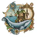 tattoo of Poseidon bowing to a whale with a compass, a maritime map and a turtle family tattoo design idea