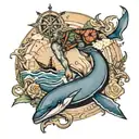tattoo of Poseidon bowing to a whale with a compass, a maritime map and a turtle family tattoo design idea