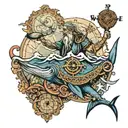 tattoo of Poseidon bowing to a whale with a compass, a maritime map and a turtle family tattoo design idea