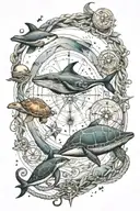 ocean, space, whale, sea turtle, trident, constellation, compass, rope, wolf tattoo design idea