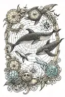 ocean, space, whale, sea turtle, trident, constellation, compass, rope, wolf tattoo design idea