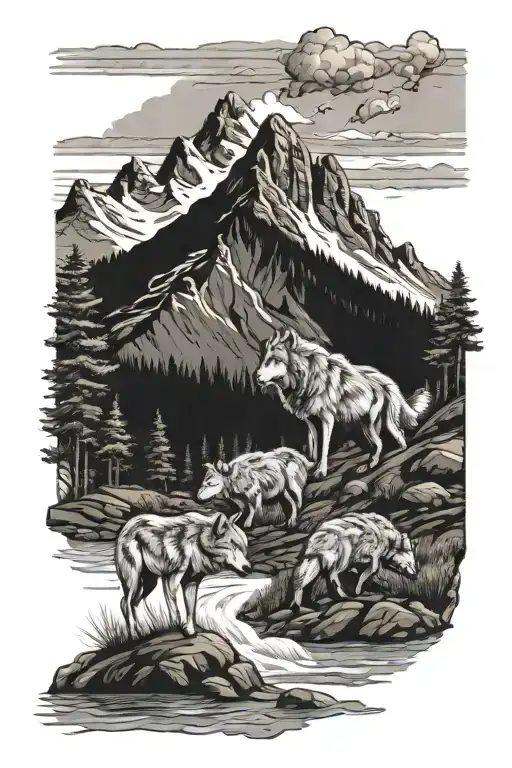 mountain with river flowing down it and wolves running down the mountain towards sheep tattoo design idea