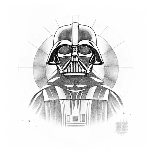 A black and grey portrait of Darth Vader with his helmet off, revealing a loving expression while holding his children tattoo design idea