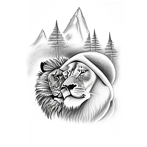 a gentelman standing next to a lion beside the river with the mountains and the sky in the background tattoo design idea