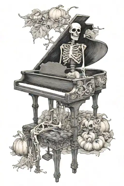 skeleton playing a pumpkin grand piano in a cob webbed room  tattoo design idea