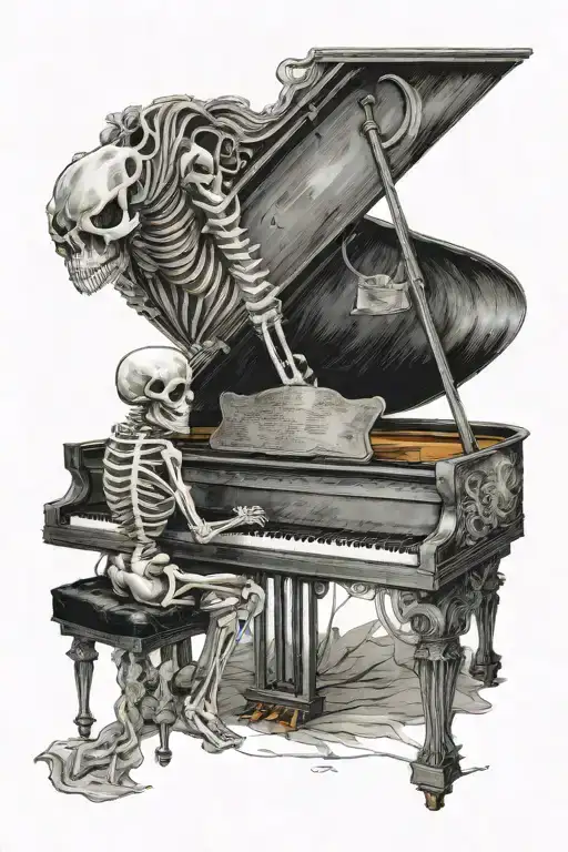 skeleton playing a  grand piano in a cob webbed theater  tattoo design idea