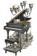 skeleton playing a  grand piano in a cob webbed theater  with a candelabra  tattoo design idea