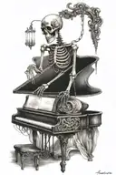 skeleton playing a  grand piano in a cob webbed theater  with a candelabra  tattoo design idea