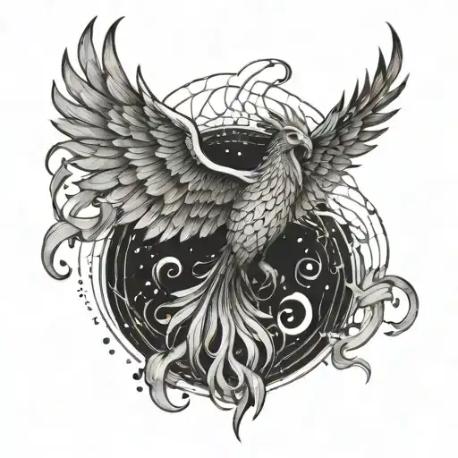 A phoenix rising from the flames of a stock market graph tattoo design idea
