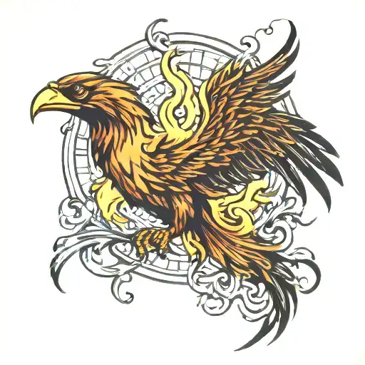 A phoenix rising from the flames of a stock market graph tattoo design idea
