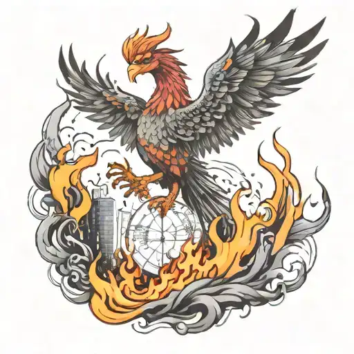 A phoenix rising from the flames of a stock market graph tattoo design idea