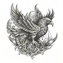 A phoenix rising from the flames of a stock market graph tattoo design idea