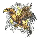 A phoenix rising from the flames of a stock market graph tattoo design idea