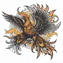 A phoenix rising from the flames of a stock market graph tattoo design idea